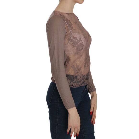 PINK MEMORIES Lace Overlay Long Sleeve Top Women Brown Tops & T-Shirts - Picture 2 of 5